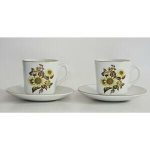 Vintage Royal Warwick SUNFLOWER Cup Saucer Made in England Set of 2
